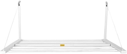 Wall-mounted clothesline, space-saving and weather-resistant.