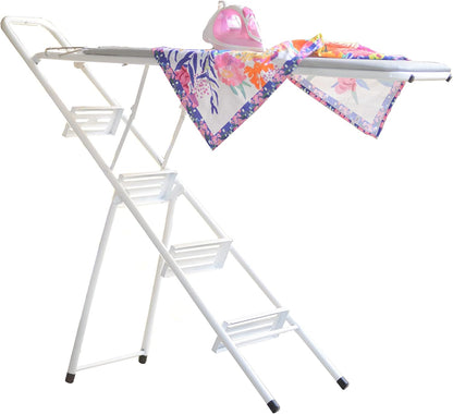 3-in-1 ironing board with drying rack and ladder, ideal for small laundry rooms.