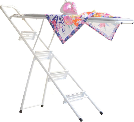 Tabla de planchar con tendedero y escalera 3 en 1, ideal para lavanderos pequeños.